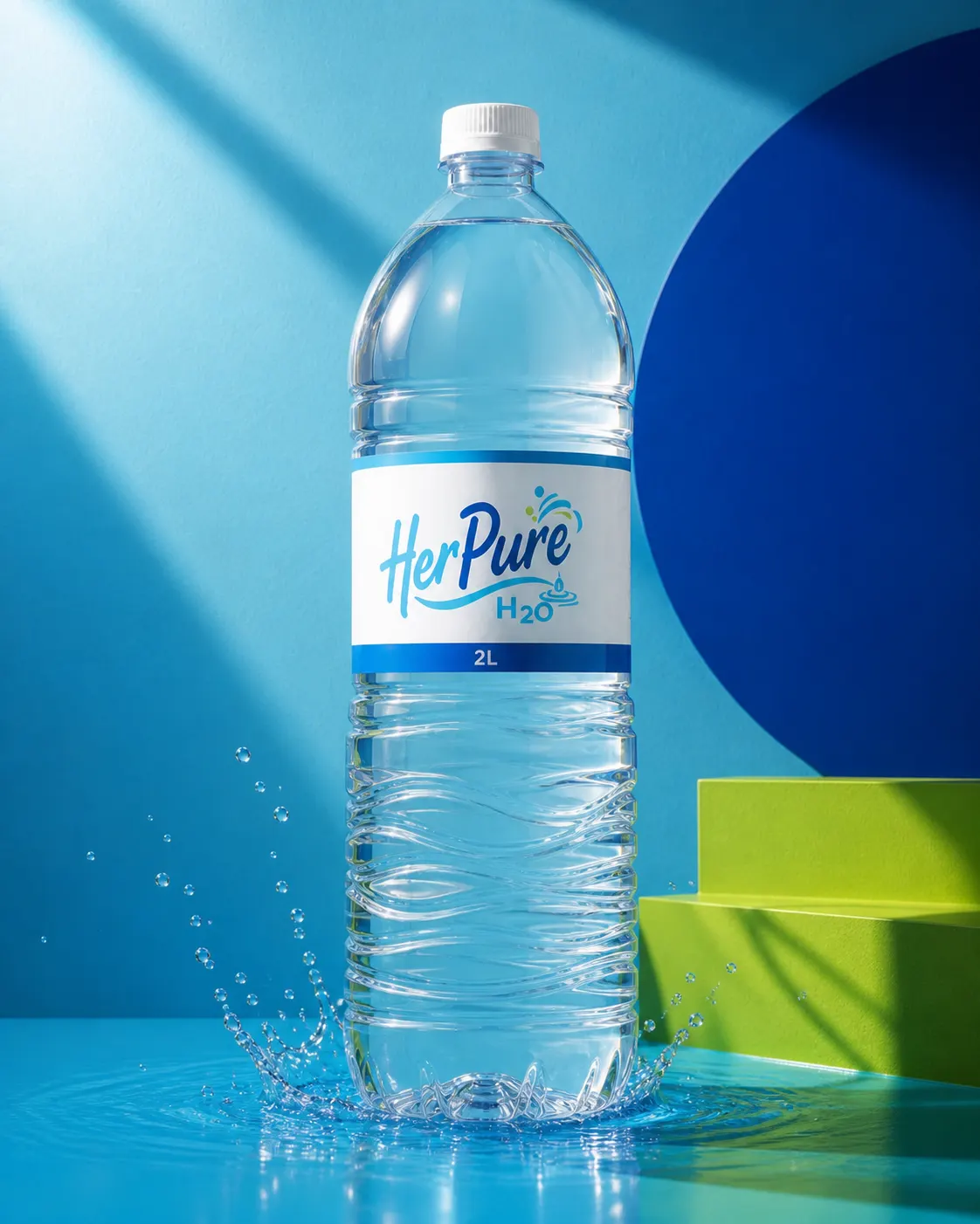 A tall Her Pure 2L PET bottle surrounded by a splash of water
