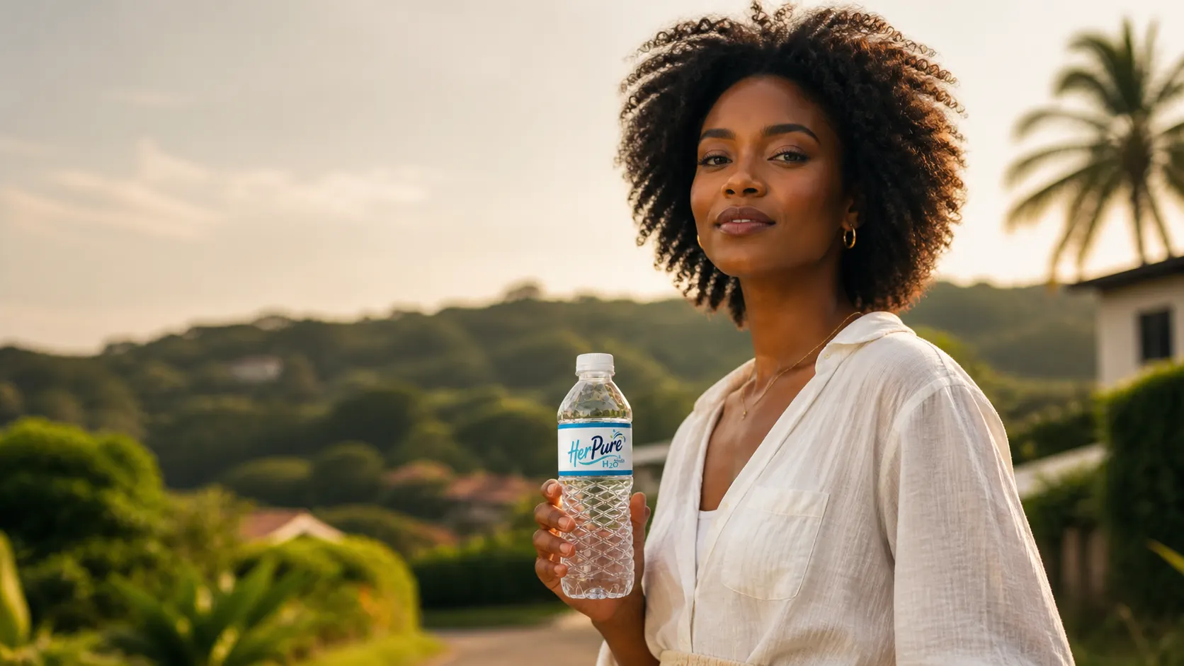 A South African woman holding a branded Her Pure bottled water product in the Phoenix, KwaZulu-Natal sunset