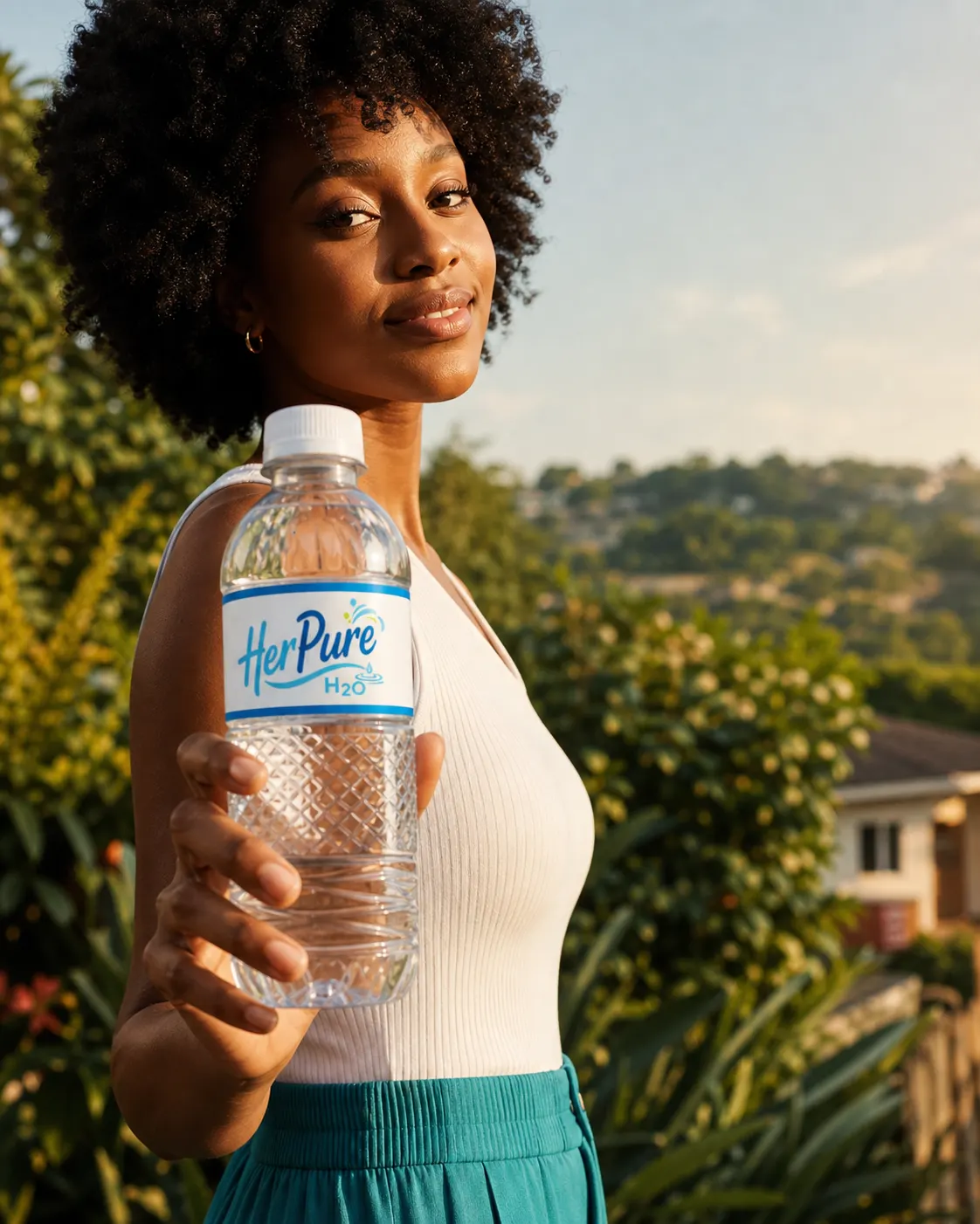 A South African woman holding a chilled Her Pure bottled water product in the Phoenix, KwaZulu-Natal sun